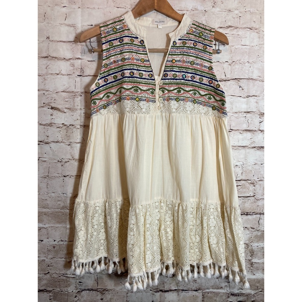 Velzera Peasant Mini Dress Womens Small Cream Embroidered Fringe & Lace Coquette
